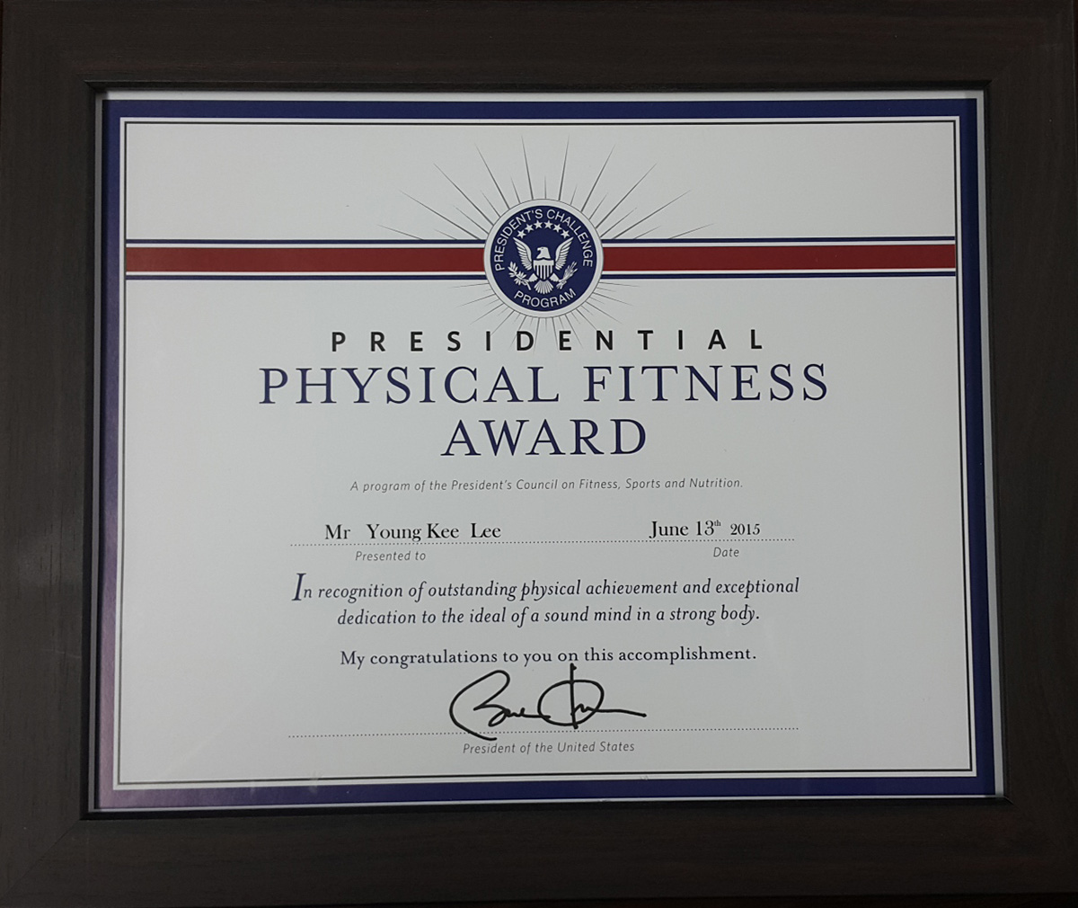 “Physical Fitness Award” from Barack Obama